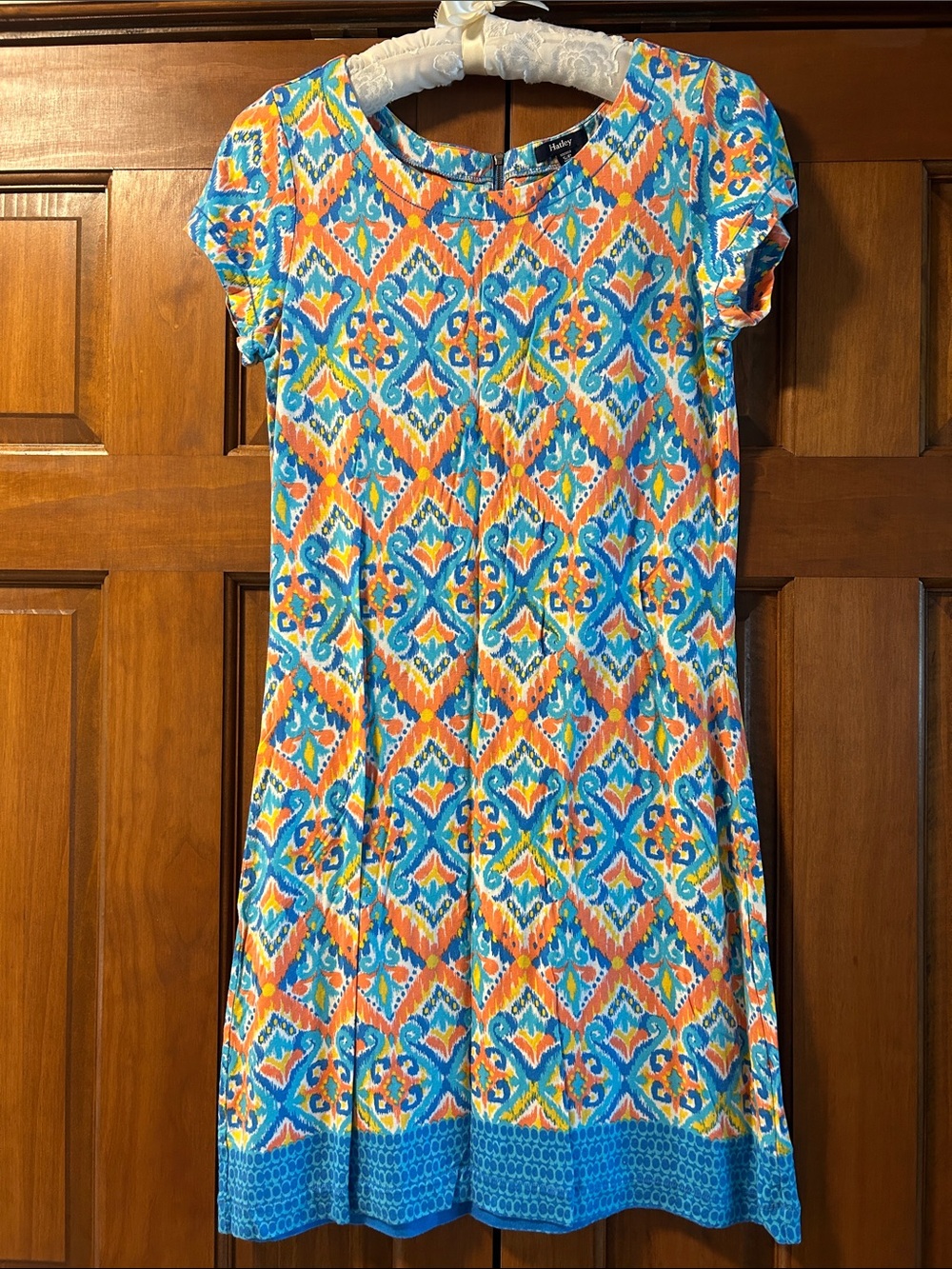 Hayley, Pretty Zip Shift Dress - Blue, Orange & Yellow, S